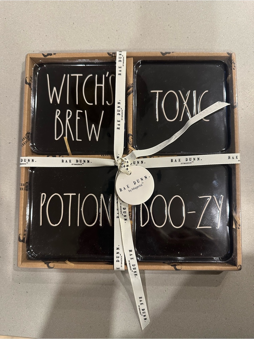 Rae Dunn Black Halloween Ceramic Coasters Set